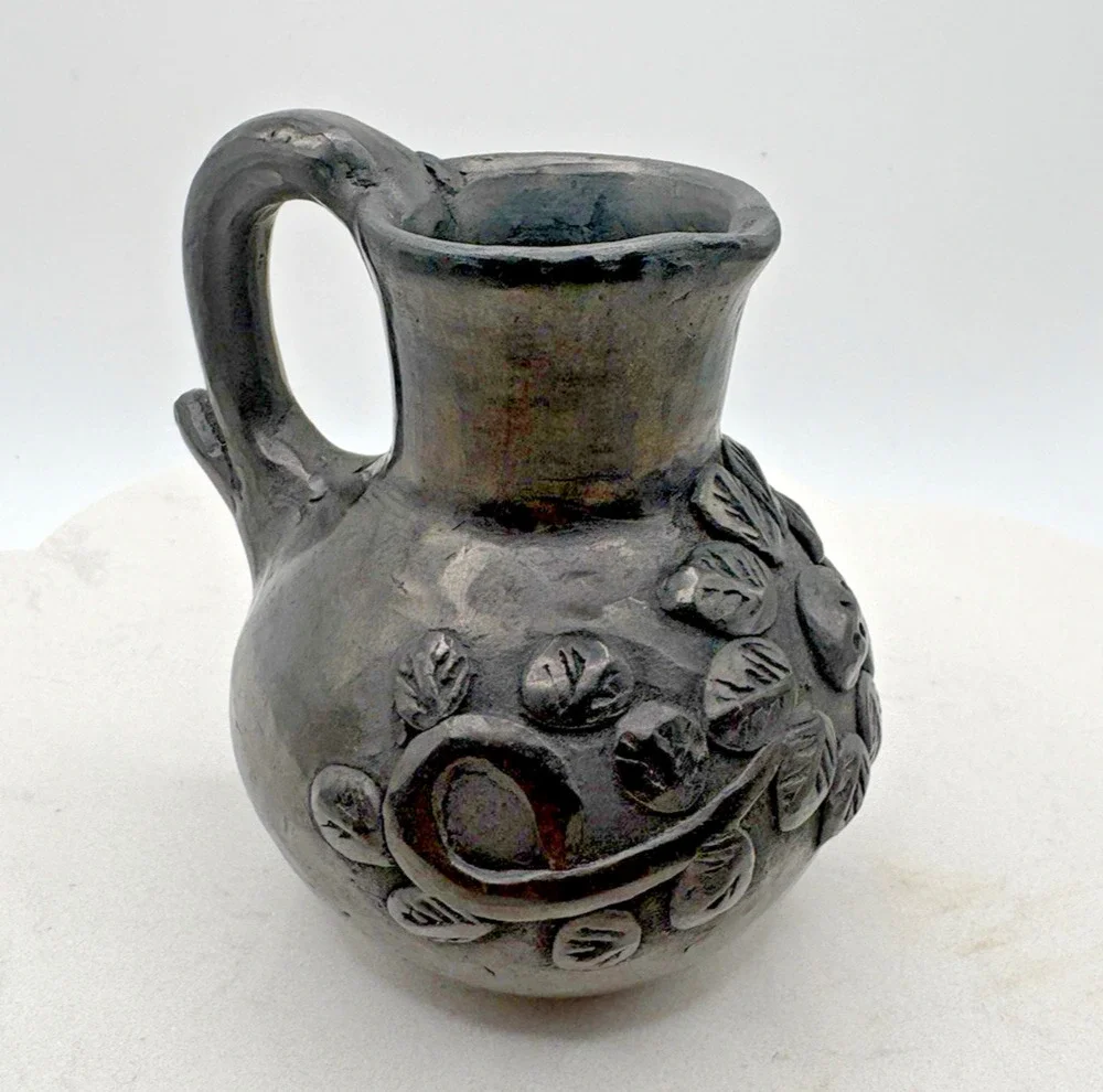 Likely Dona Rosa Mexico Blackware Pitcher Cutout Florals Unsigned Leaf Vines